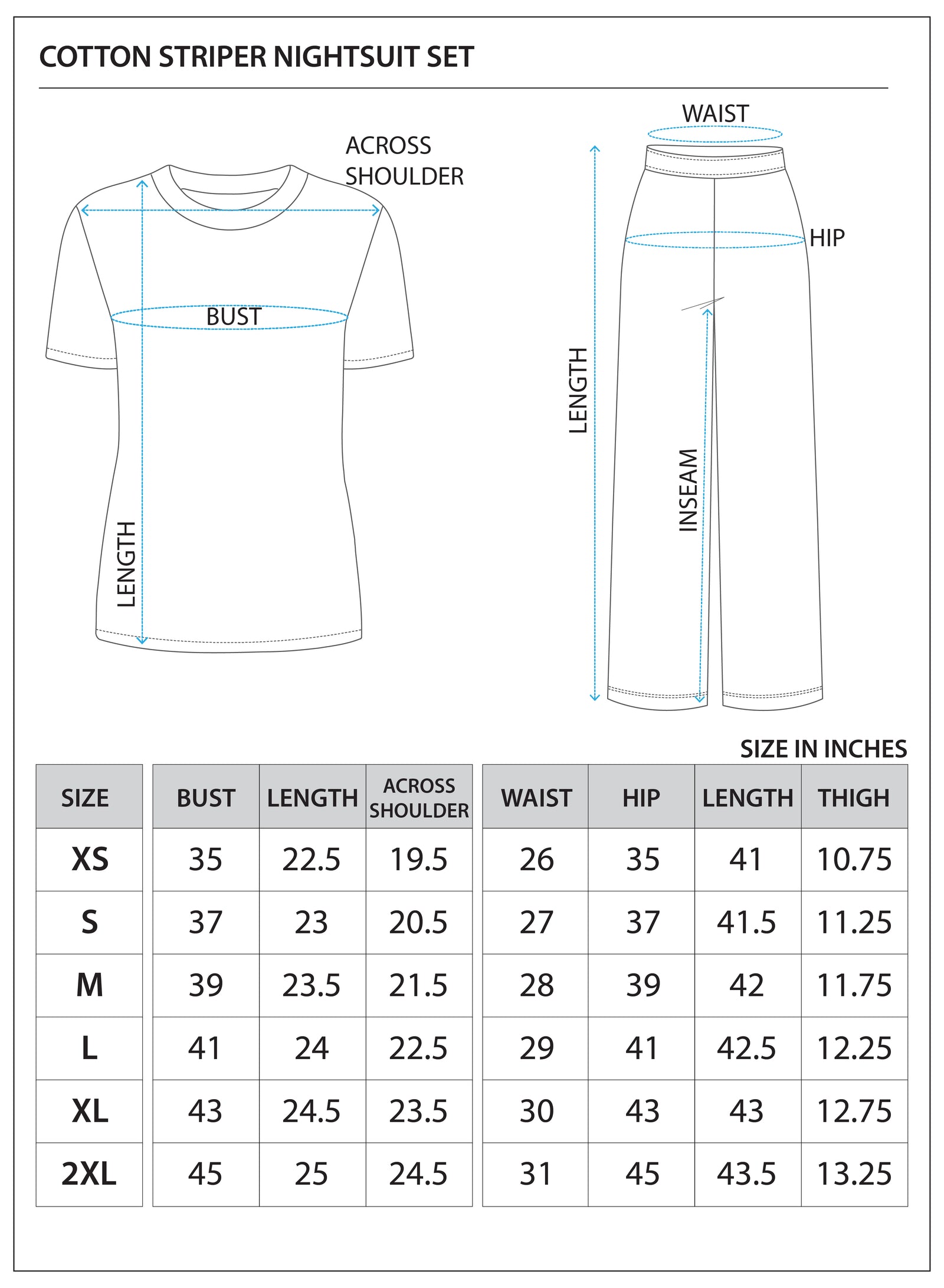 Size chart for COTTON STRIPER NIGHTSUIT SET