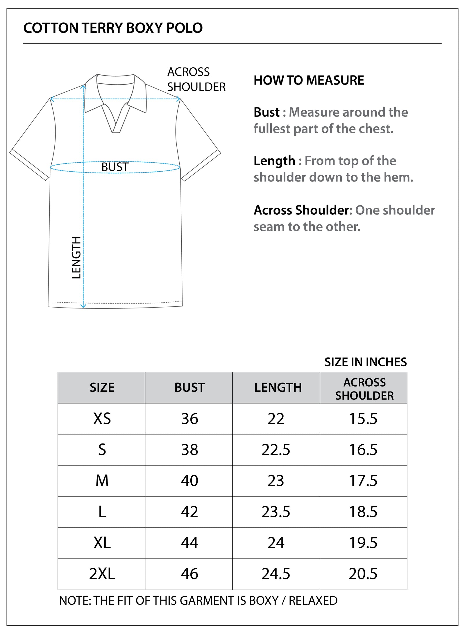 Size chart for COTTON TERRY BOXY POLO