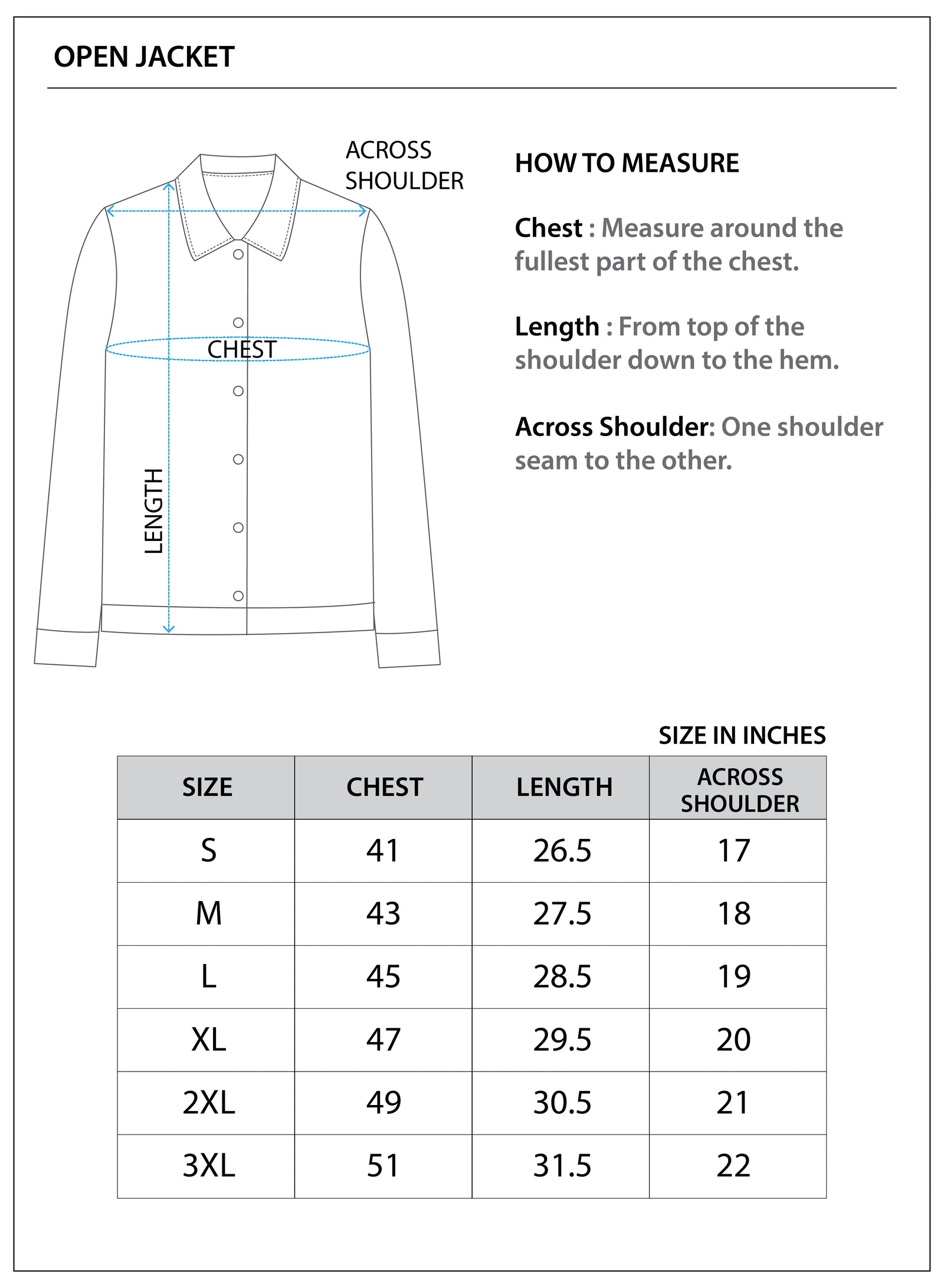 Size chart for Men’s Open Jacket