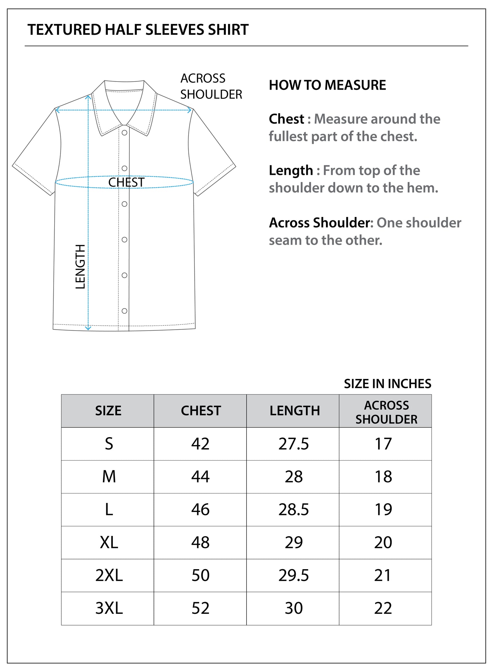 Size chart for TEXTURED HALF SLEEVE SHIRT