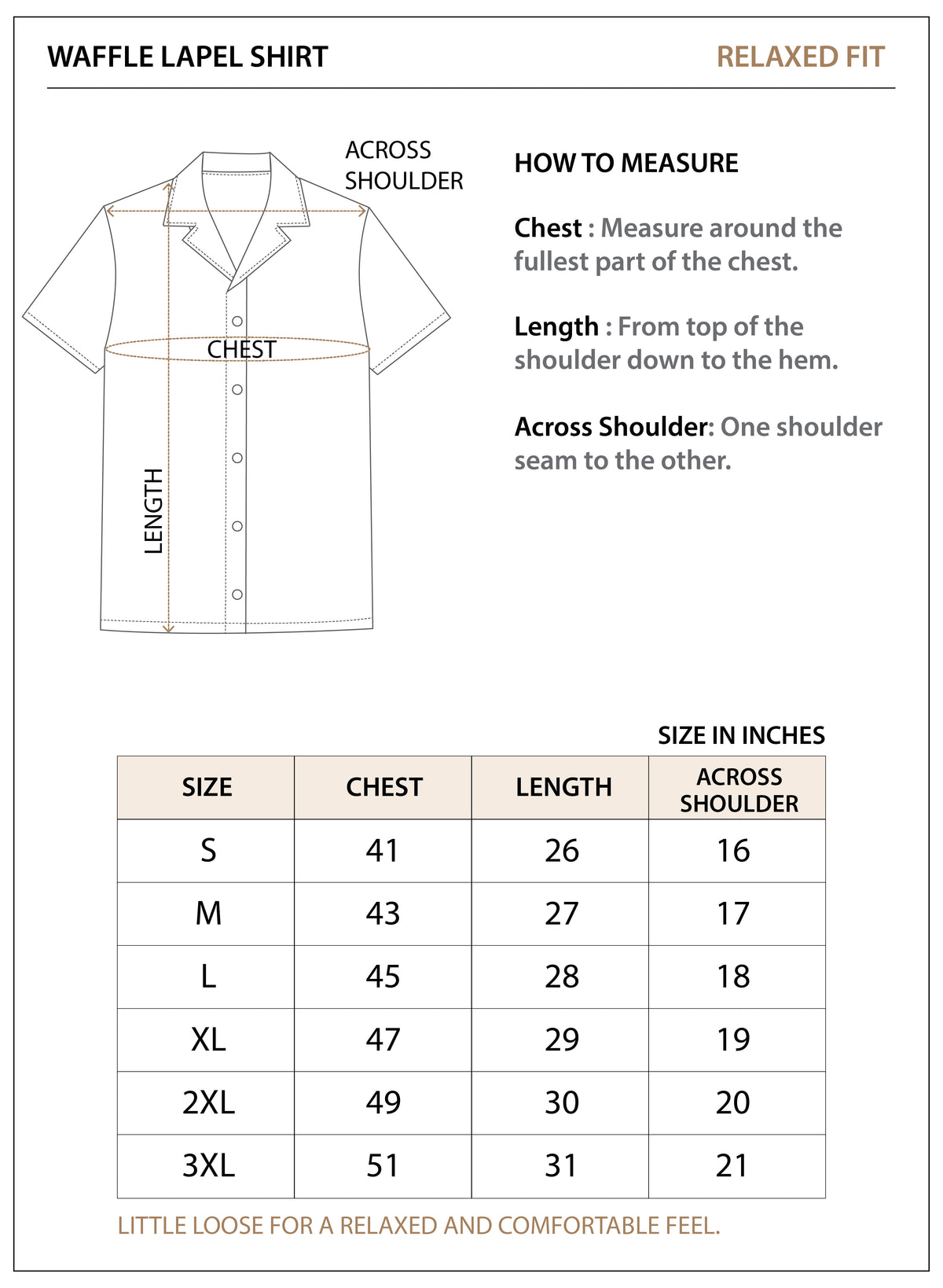 Size chart for The Waffle Lapel Shirt