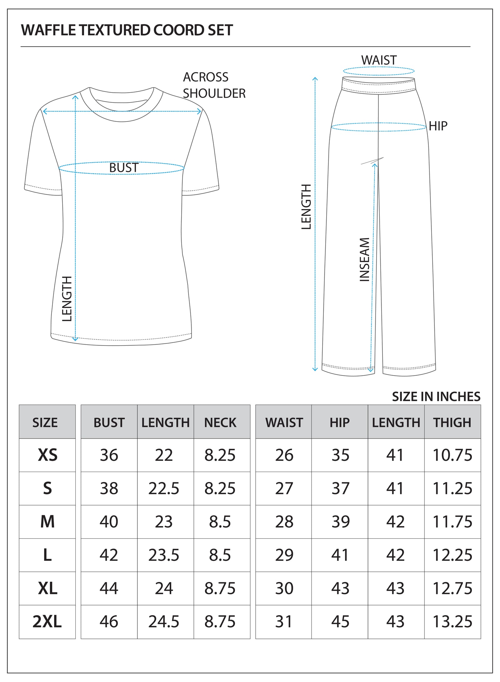 Size chart for WAFFLE TEXTURED CO-ORD SET