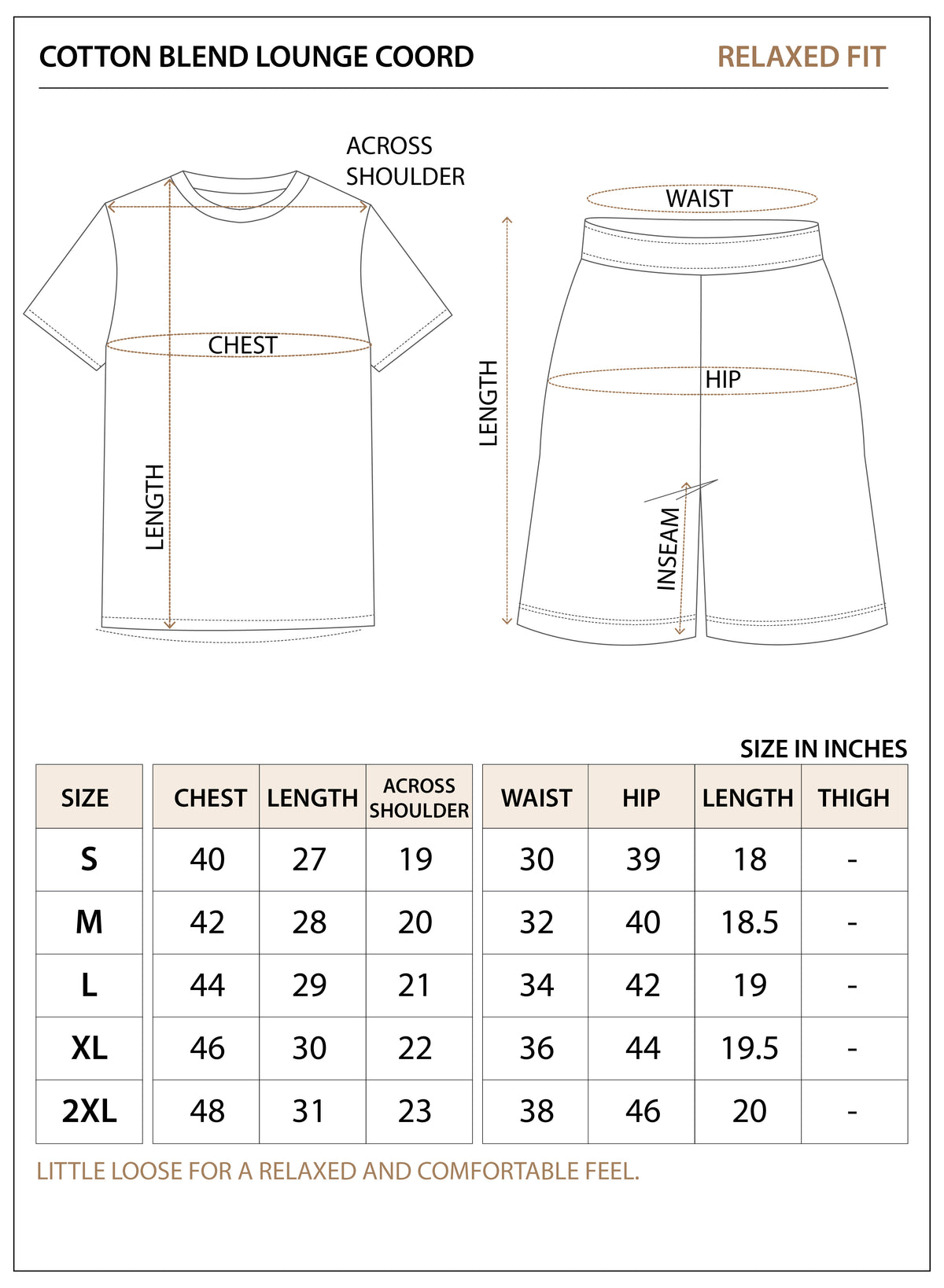 Size chart for Cotton-Blend Lounge Co-ord