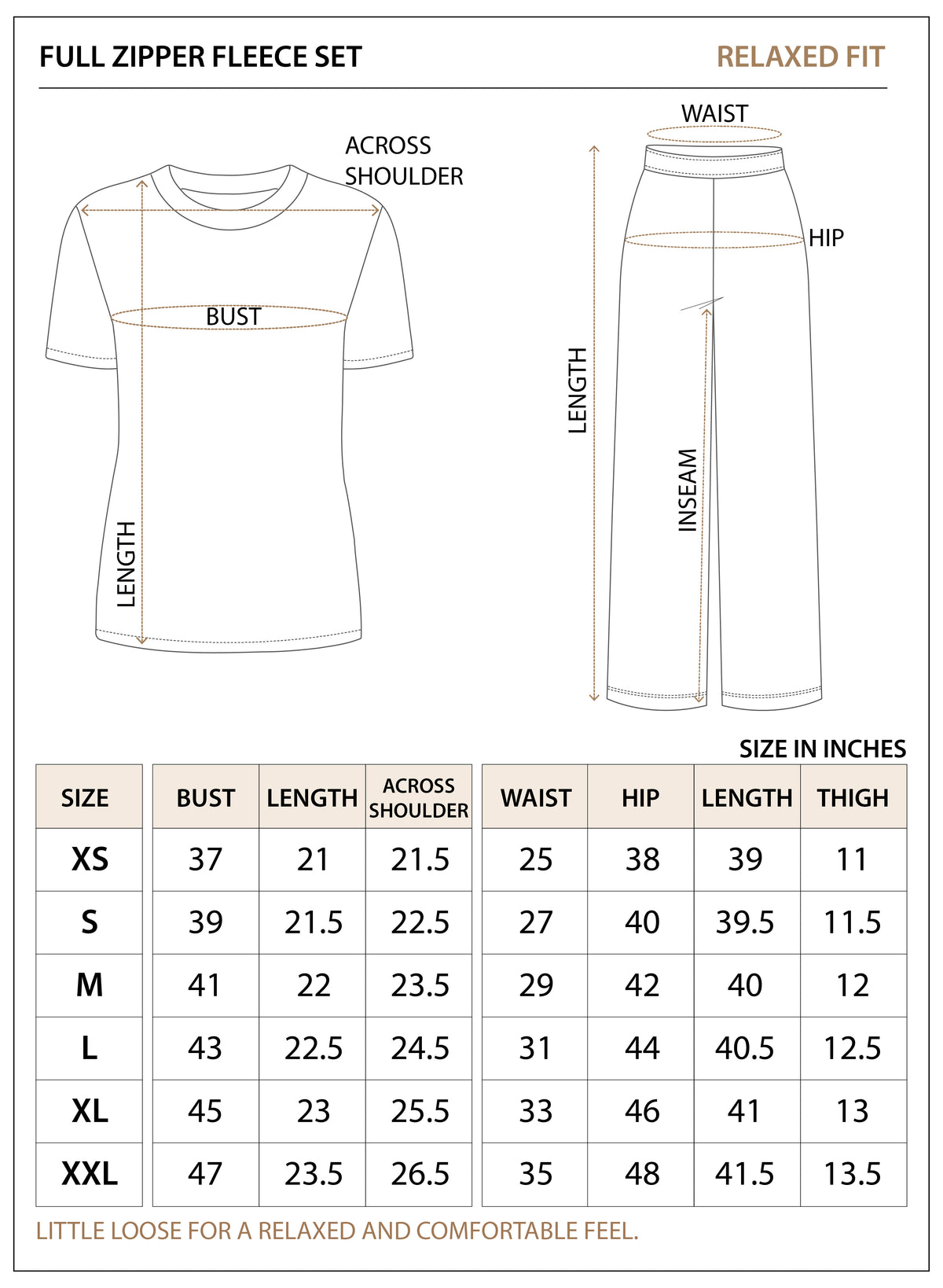 Size chart for Heavyweight Full-Zip Fleece Set