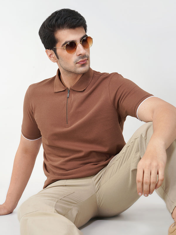 Textured Zipper Polo||Mens||100% Cotton
