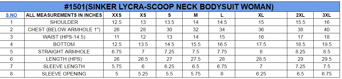 Size chart for Scoop Neck Bodysuit||Cotton Rich
