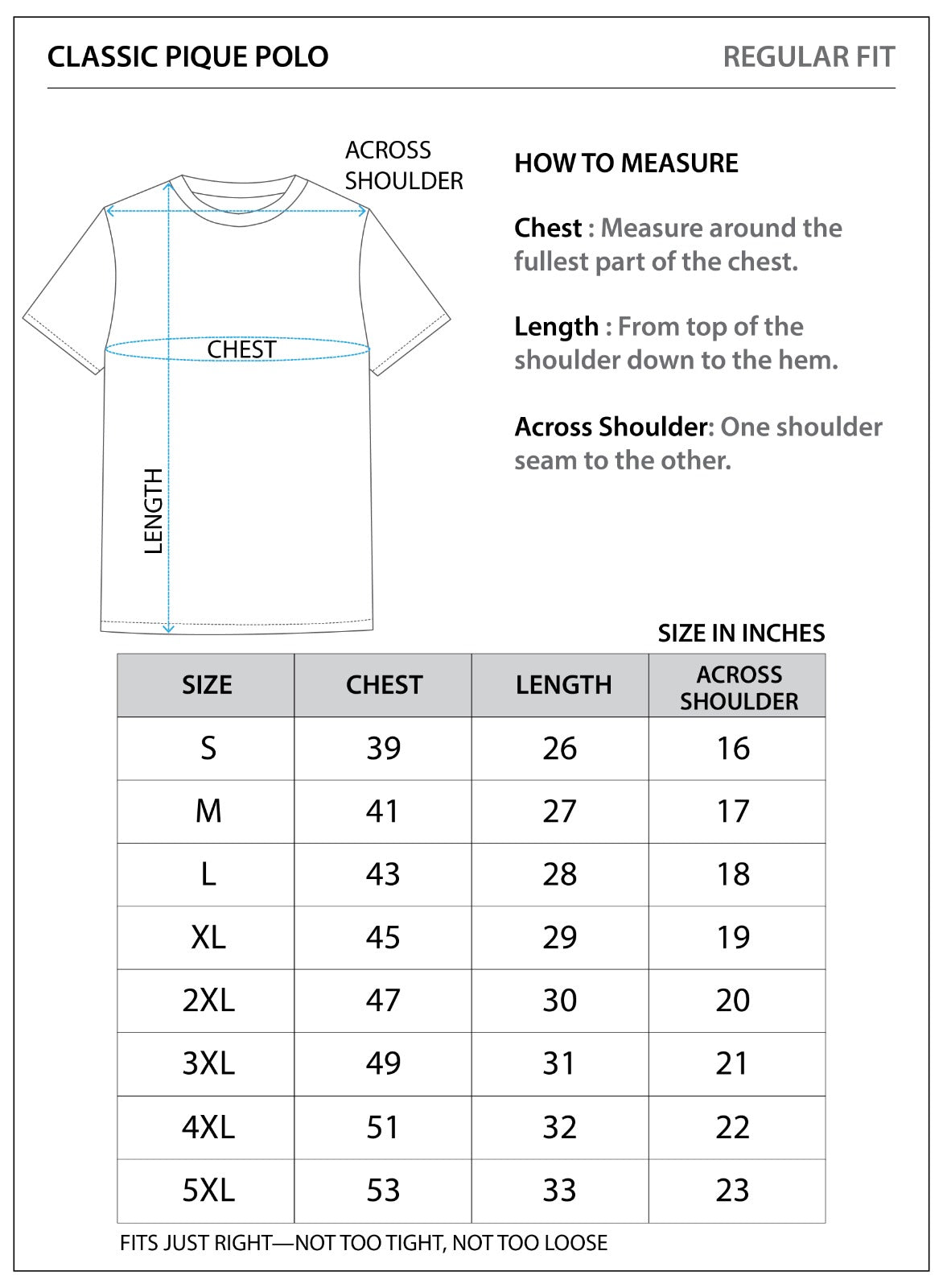 Size chart for MEN'S CLASSIC PIQUE POLO