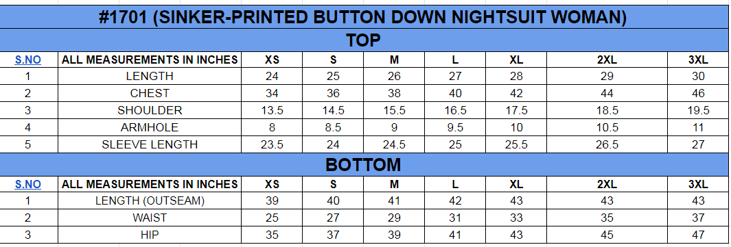 Size chart for Printed Nightsuit Set||100% Cotton