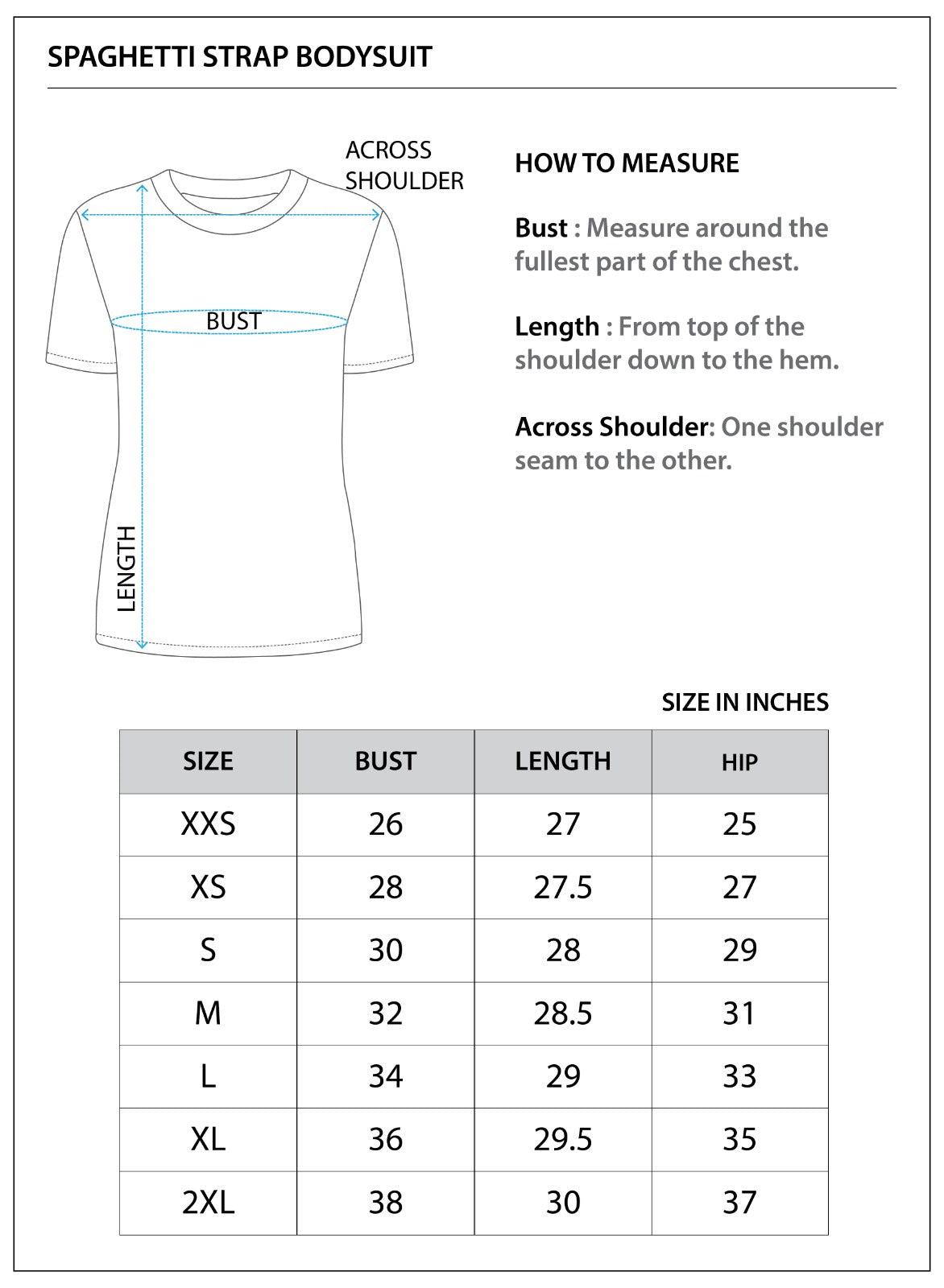 Size chart for Spaghetti Strap Bodysuit ||Womens||