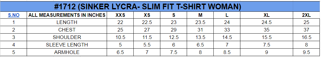 Size chart for SLIM FIT T-SHIRT||WOMENS