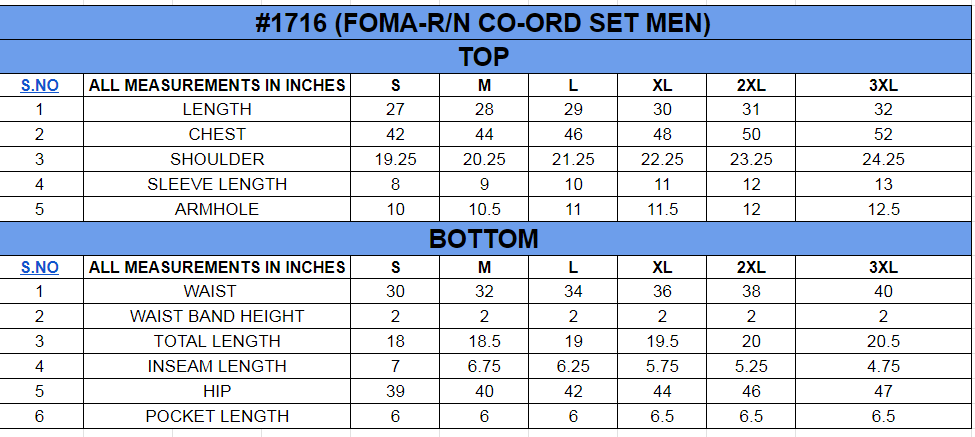 Size chart for Loose Fit Co-ord Set||Mens||Oneway