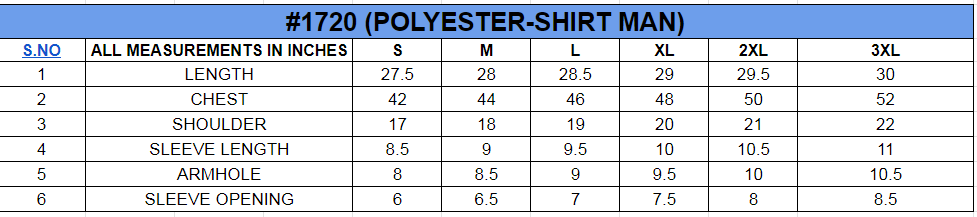 Size chart for HALF SLEEVE SHIRT||MENS||