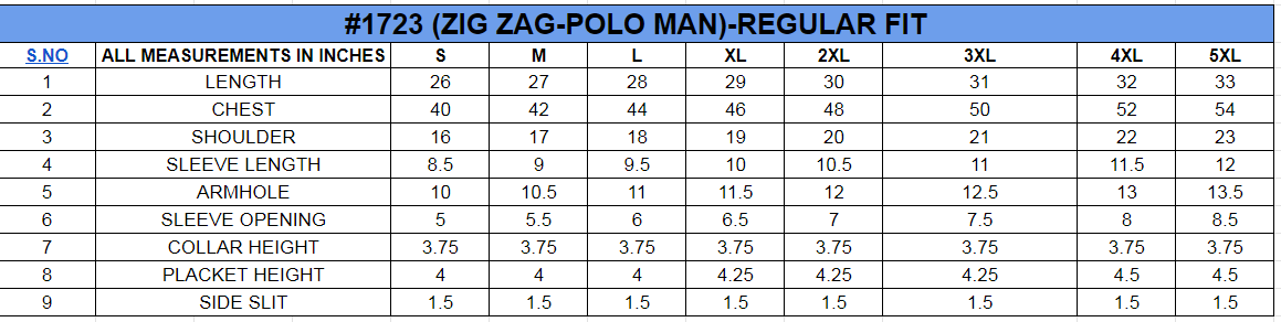 Size chart for Mens Contrast Tip Polo