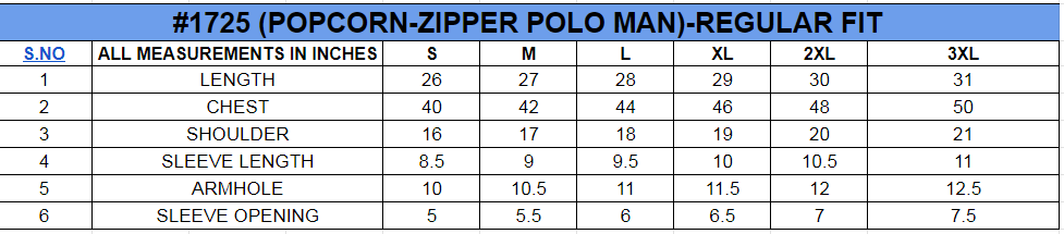 Size chart for Textured Zipper Polo||100% Cotton