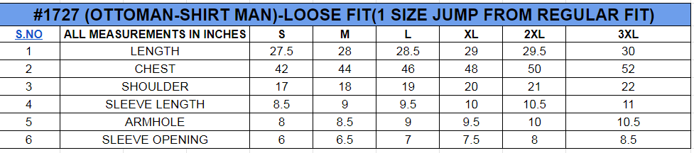 Size chart for TEXTURED HALF SLEEVE SHIRT||100% Cotton