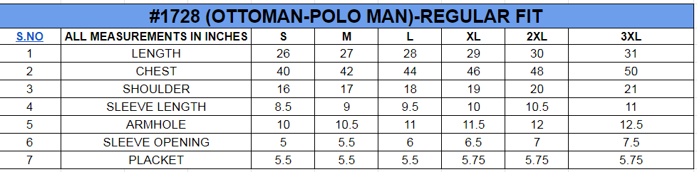 Size chart for Textured Classic Polo||100% Cotton