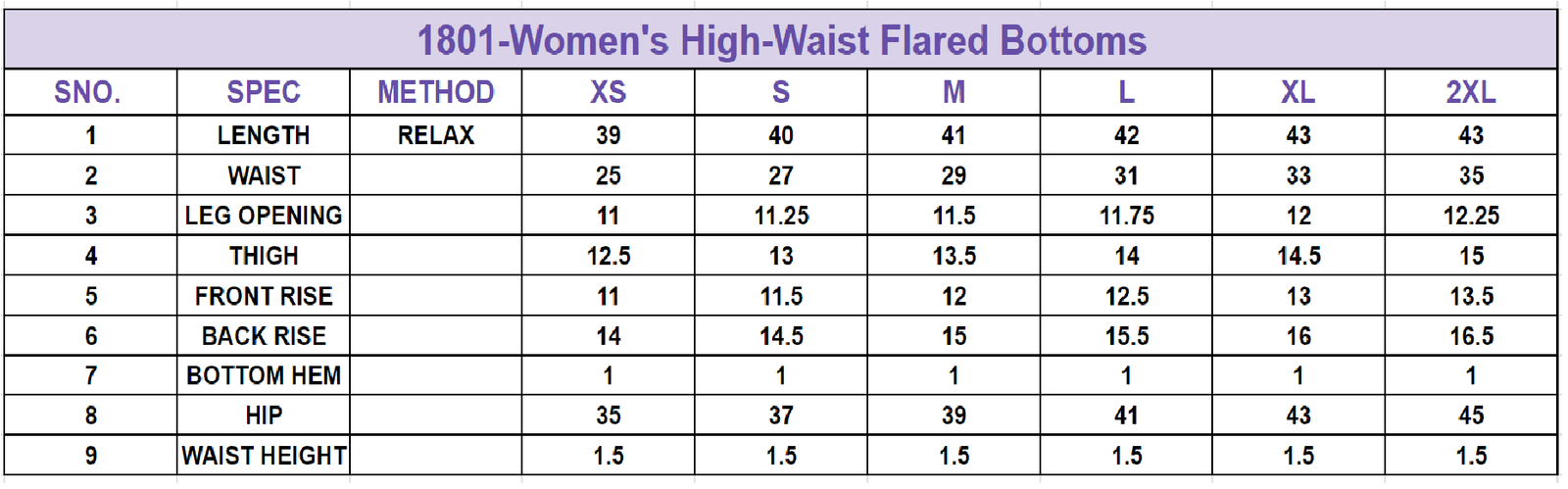 Size chart for Women’s High-Waist Flared Bottoms||Wide-Leg Trousers||