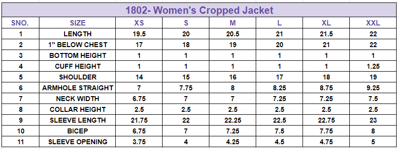 Size chart for Women's Cropped Jacket