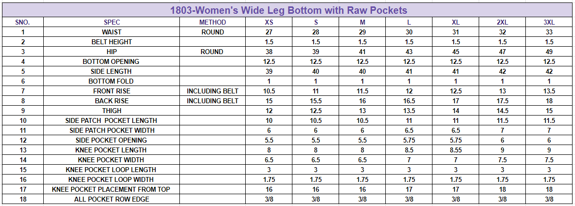 Size chart for Women's Wide Leg Bottom||Raw Edge Pockets||