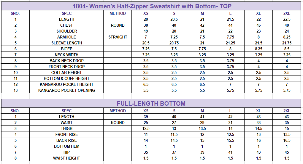 Size chart for Women's Half Zipper Sweatshirt with Bottom||Co-ord Set||