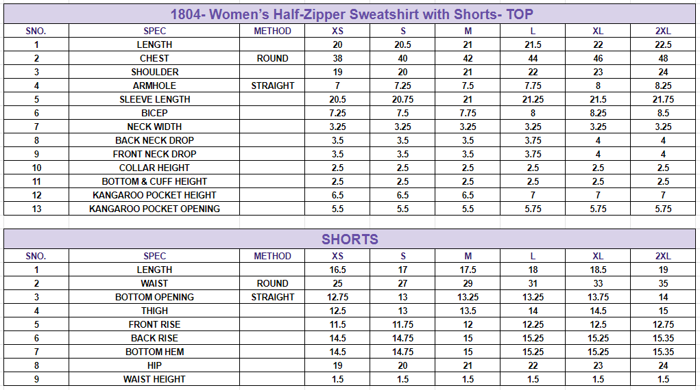 Size chart for Women’s Half-Zipper Sweatshirt with Shorts||Stylish Co-ord Set||