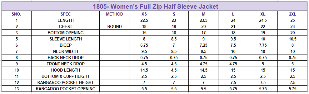 Size chart for Full Zip Half Sleeve Women’s Jacket