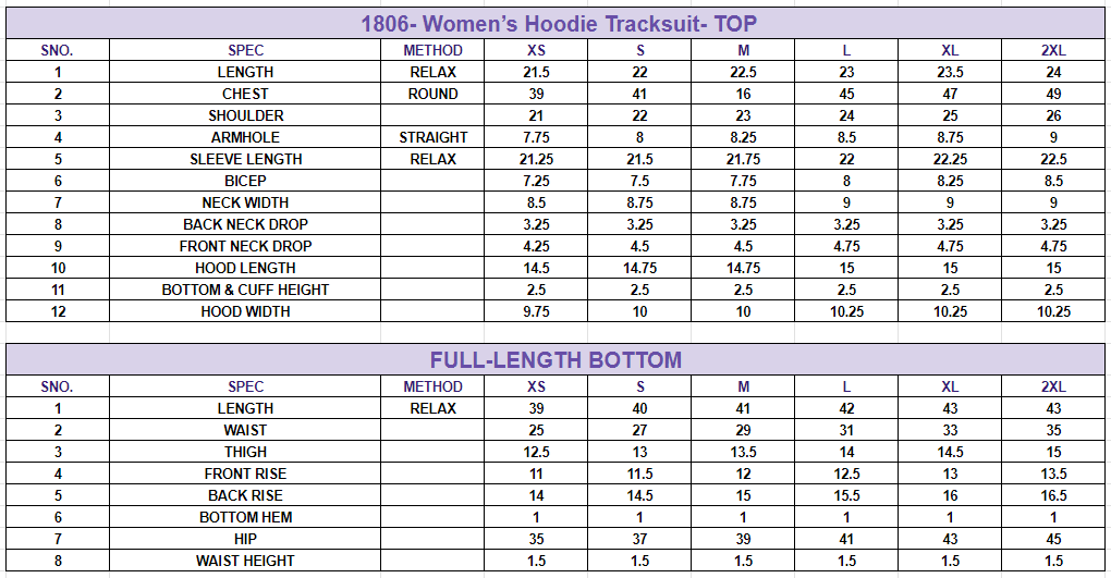 Size chart for Women's Hoodie Tracksuit