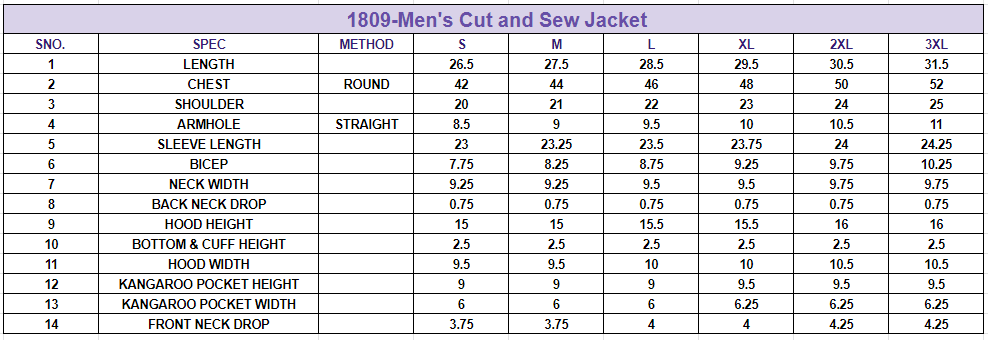 Size chart for Men's Cut and Sew Hoodie||Modern Streetwear Style||