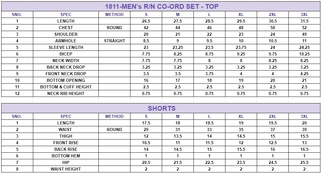 Size chart for Men's Round Neck Sweatshirt with Shorts