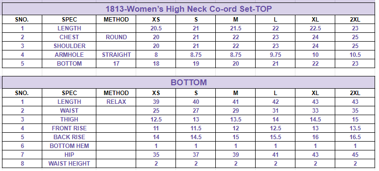 Size chart for Women’s High Neck Co-ord Set