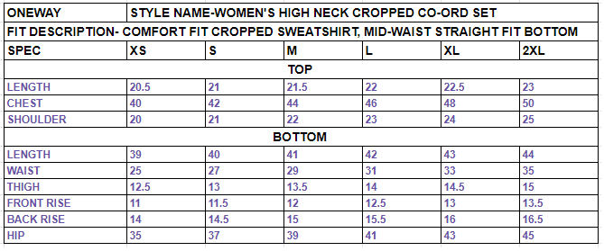 Size chart for Women’s High Neck Co-ord Set