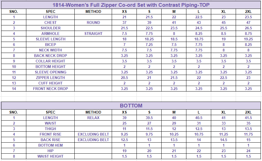 Size chart for Women’s Full Zipper Co-ord Set with Contrast Piping