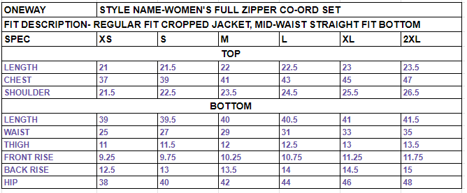 Size chart for Women’s Full Zipper Co-ord Set with Contrast Piping