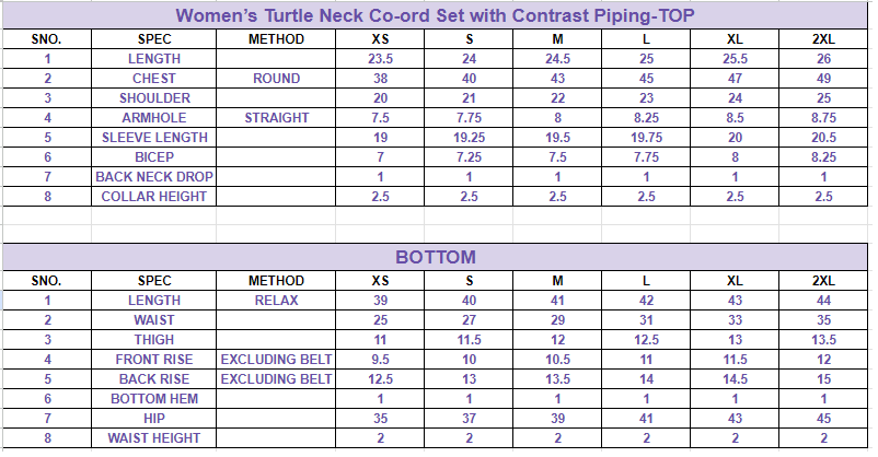 Size chart for Women’s Turtle Neck Co-ord Set with Contrast Piping