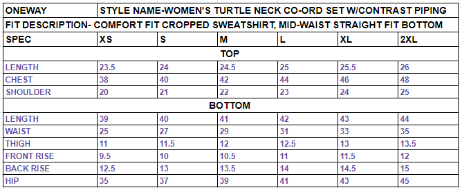 Size chart for Women’s Turtle Neck Co-ord Set with Contrast Piping