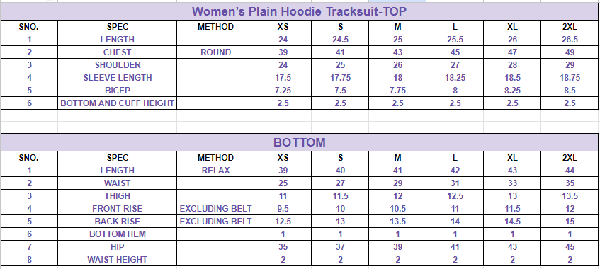 Size chart for Women’s Plain Hoodie Tracksuit