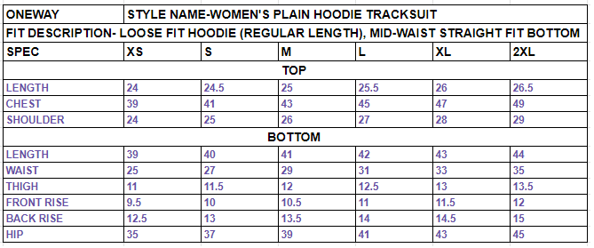Size chart for Women’s Plain Hoodie Tracksuit