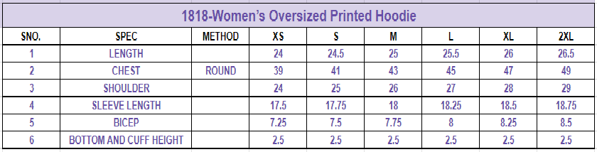 Size chart for Women’s Oversized Printed Hoodie||Japanese Cherry Blossom Graphic||