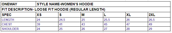 Size chart for Women's Solid Hoodie