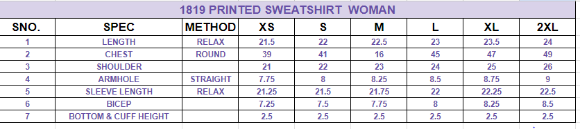 Size chart for Women's Graphic Printed Sweatshirt||All You Need Is Love||