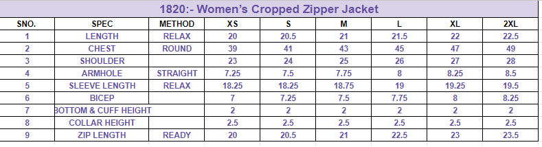 Size chart for Women’s Cropped Zipper Jacket