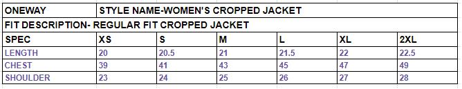 Size chart for Women’s Cropped Zipper Jacket