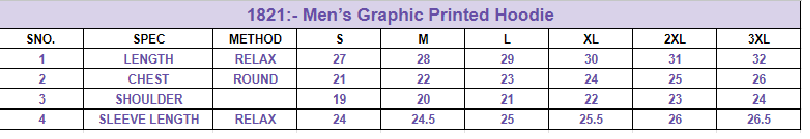Size chart for Men’s Graphic Printed Hoodie