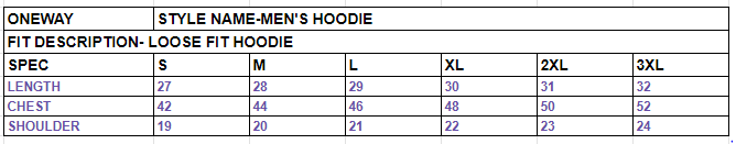 Size chart for Men’s Plain Hoodie