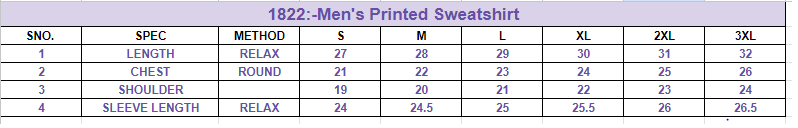 Size chart for Men's Printed Sweatshirt||ONEWAY||