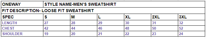 Size chart for Men's Plain Sweatshirt
