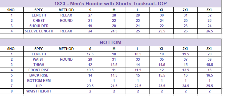 Size chart for Men's Hoodie with Shorts Tracksuit