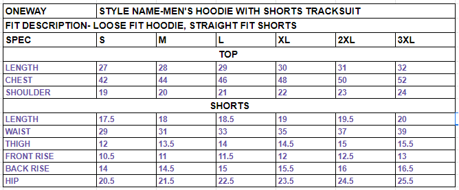 Size chart for Men's Hoodie with Shorts Tracksuit
