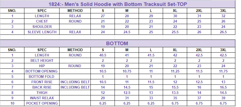 Size chart for Men’s Solid Hoodie with Bottom Tracksuit Set