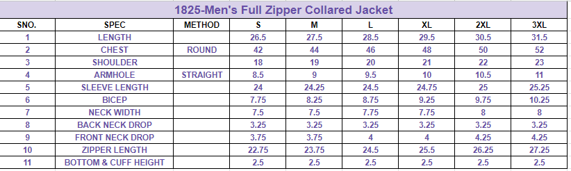 Size chart for Men's Full Zipper Collared Jacket